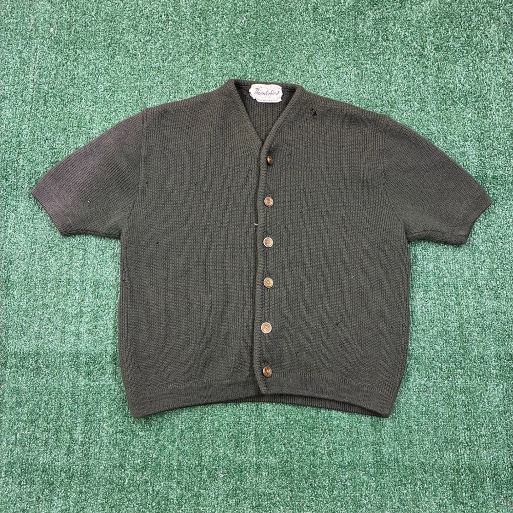 Vintage 1960's Thunderbird Columbia Knit Short Sleeve Cardigan Sweater Olive